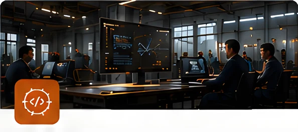 An engineering workspace with architecture diagrams on the wall.