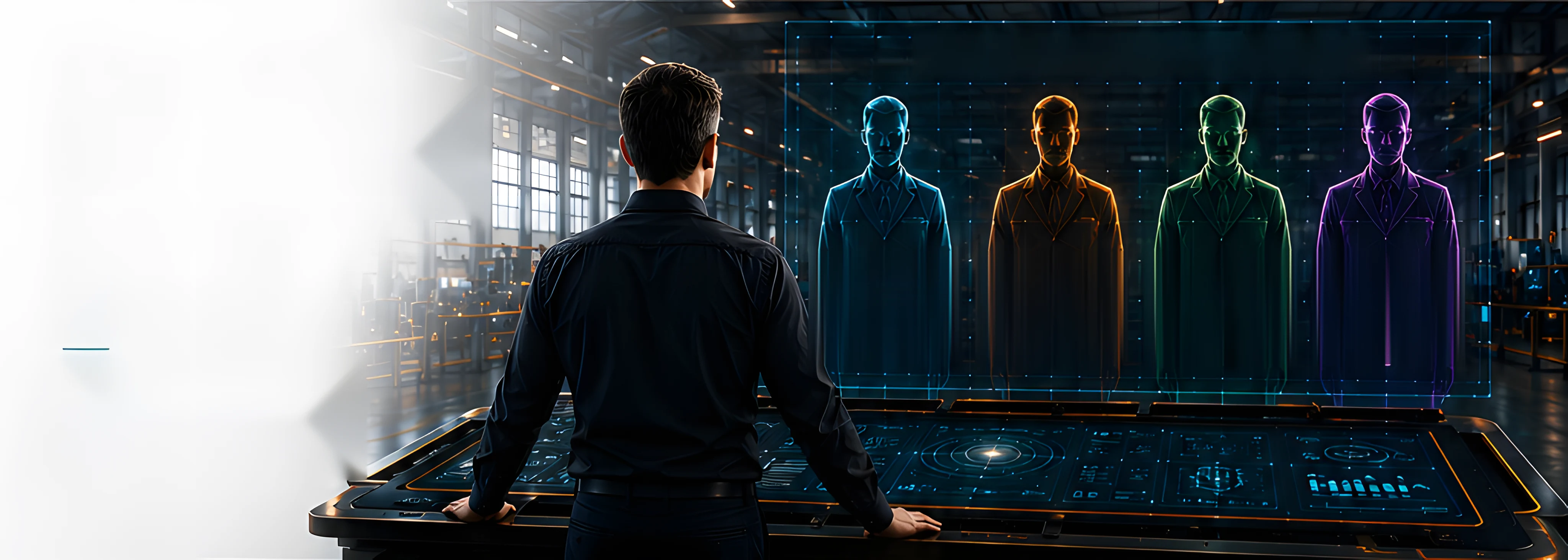 The director at a control desk facing four AI specialists - solution designer, developer, quality engineer and knowledge specialist - under the words: I lead. AI builds. We deliver.