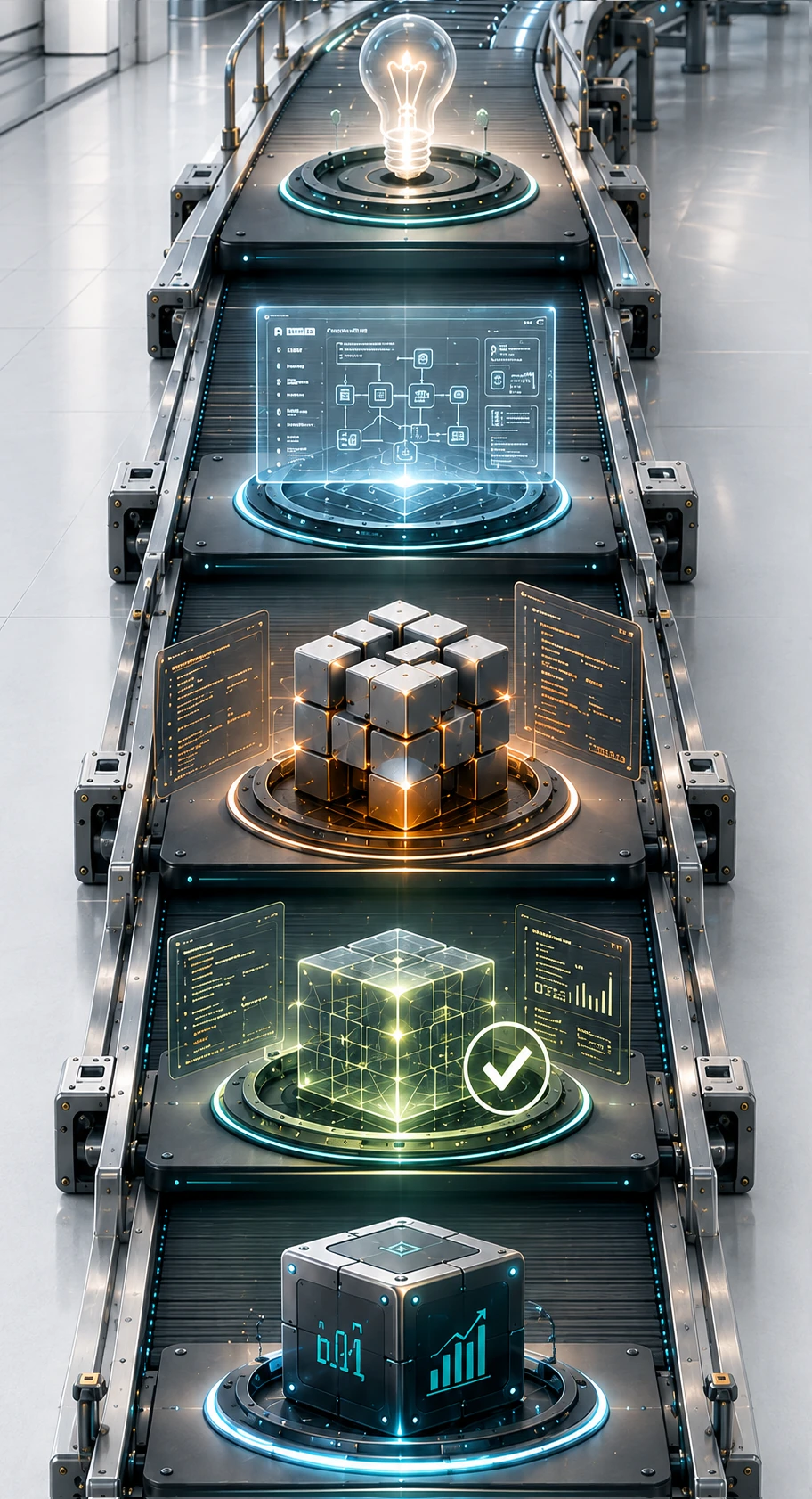 The production line: an idea enters at the top and moves through architecture, build, validation and delivery, each stage lit on the conveyor.