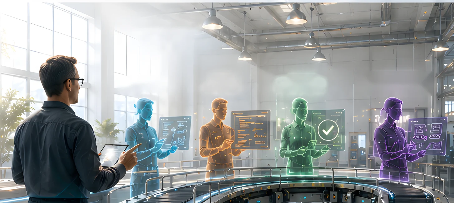 A production line: the lead architect directing four AI specialists - architect, developer, quality engineer and knowledge specialist - as work moves along the conveyor.