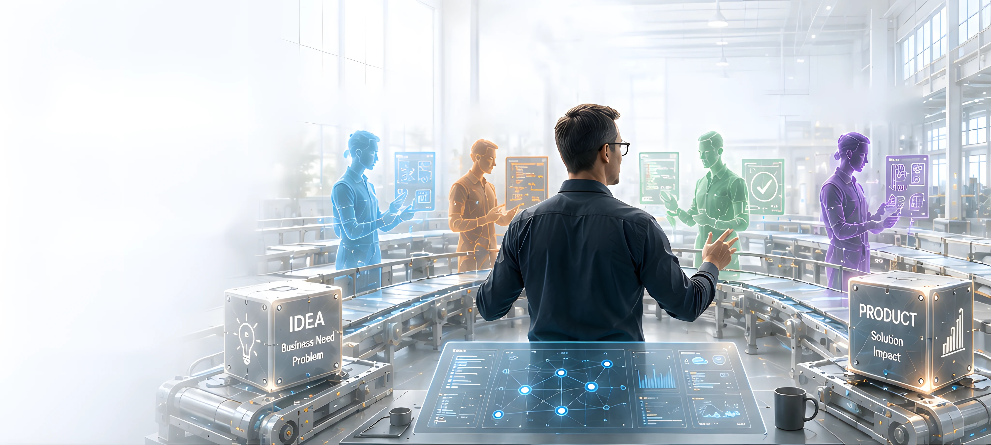 The lead AI architect at a control desk on the factory floor, with four AI specialists along the production line — solution designer, developer, quality engineer and knowledge specialist. An IDEA cube enters at one end and a finished PRODUCT leaves at the other.