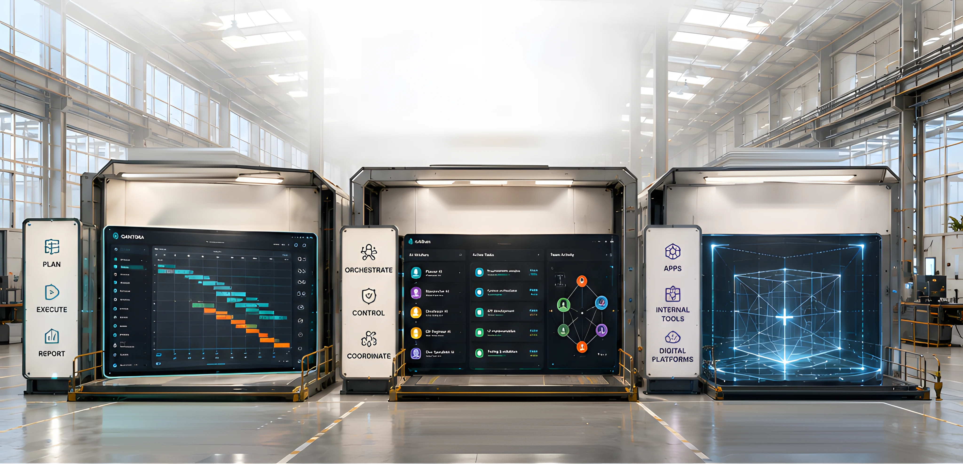 Three production bays on the factory floor: Gantora on screen in the first, the KrAIken control window in the second, an empty lit bay in the third.